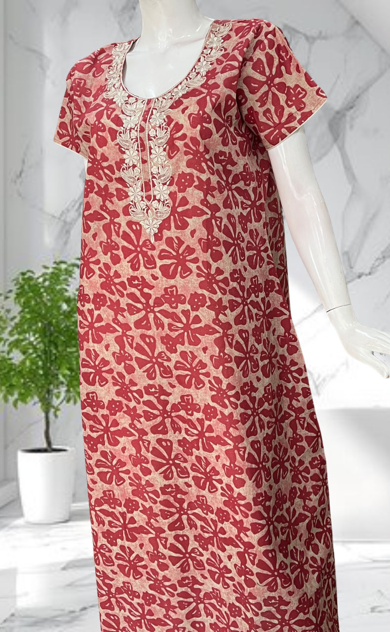 Maroon Floral Pure Cotton Nighty. Pure Durable Cotton | Laces and Frills
