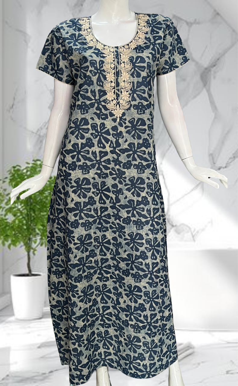 Blue Floral Pure Cotton Nighty. Pure Durable Cotton | Laces and Frills