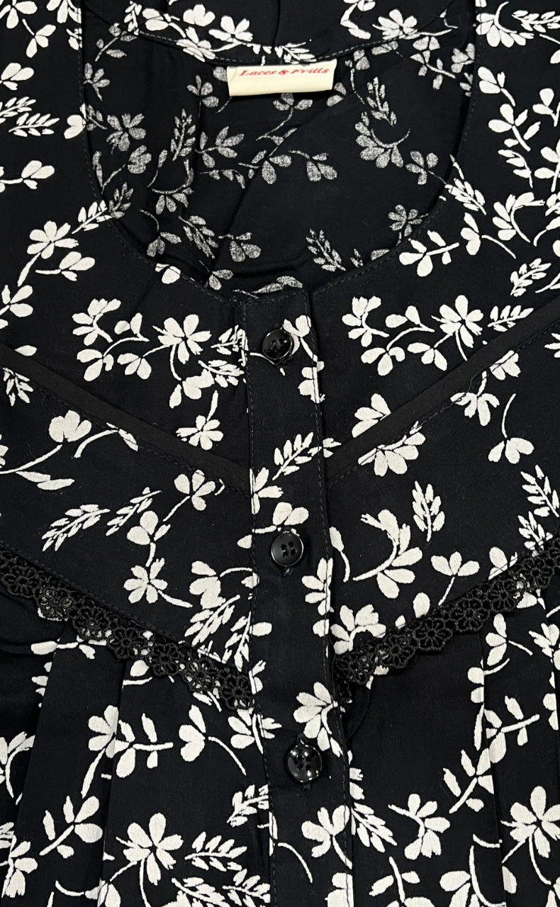 Black Garden Rayon Nighty. Flowy Rayon Fabric | Laces and Frills