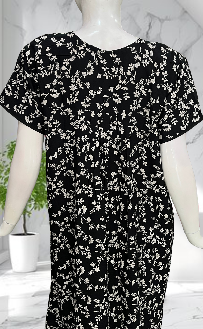 Black Garden Rayon Nighty. Flowy Rayon Fabric | Laces and Frills