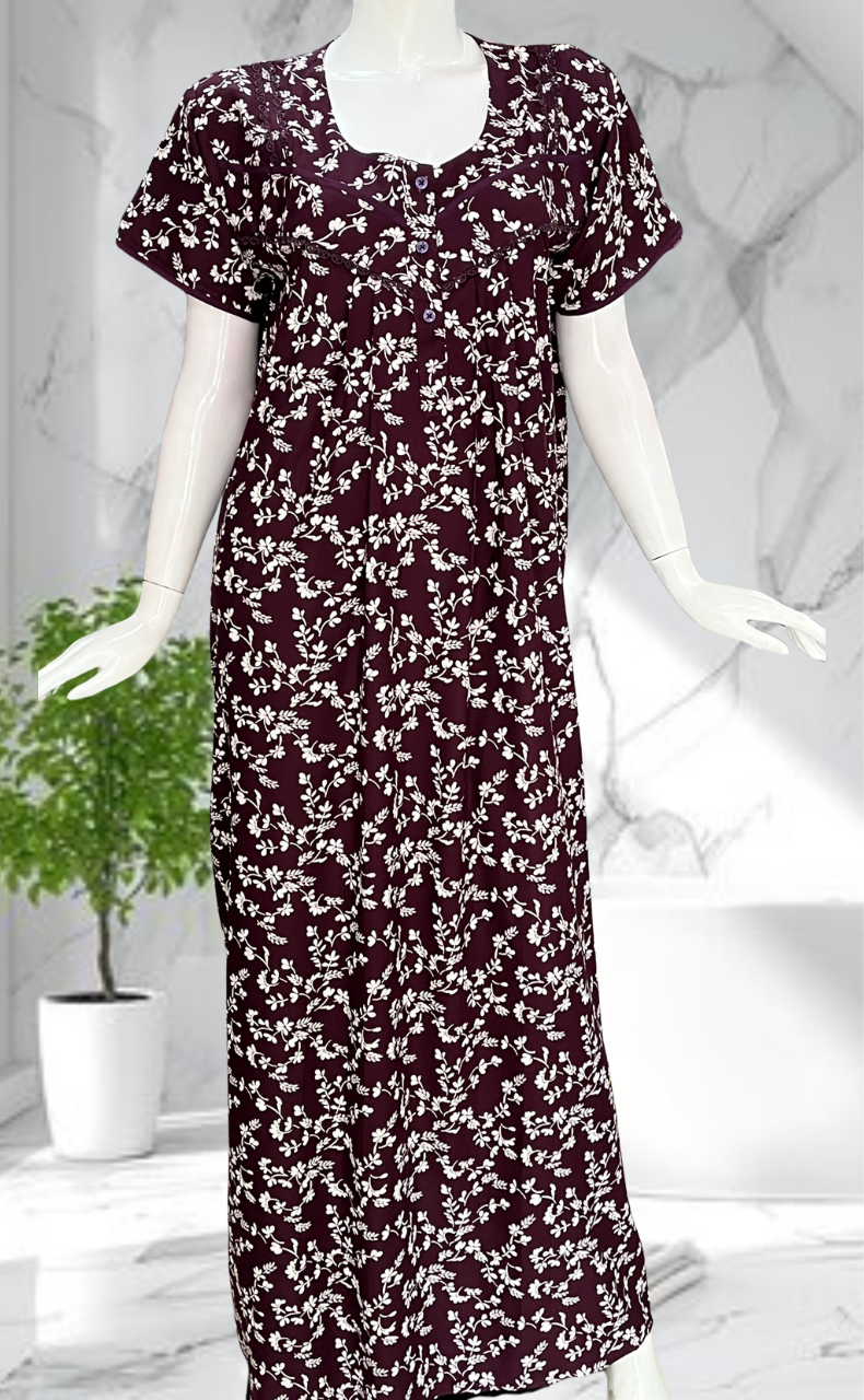 Wine Colour Garden Rayon Nighty. Flowy Rayon Fabric | Laces and Frills