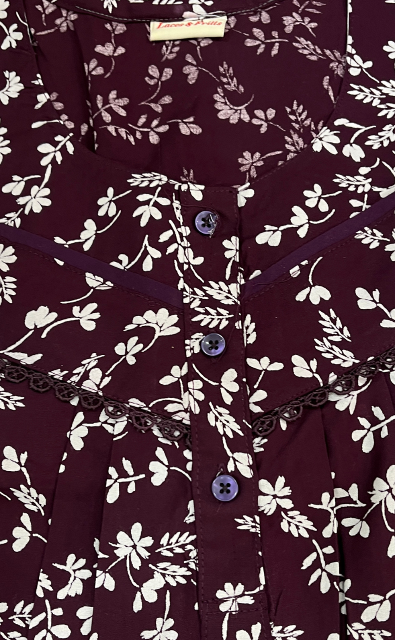 Wine Colour Garden Rayon Nighty. Flowy Rayon Fabric | Laces and Frills