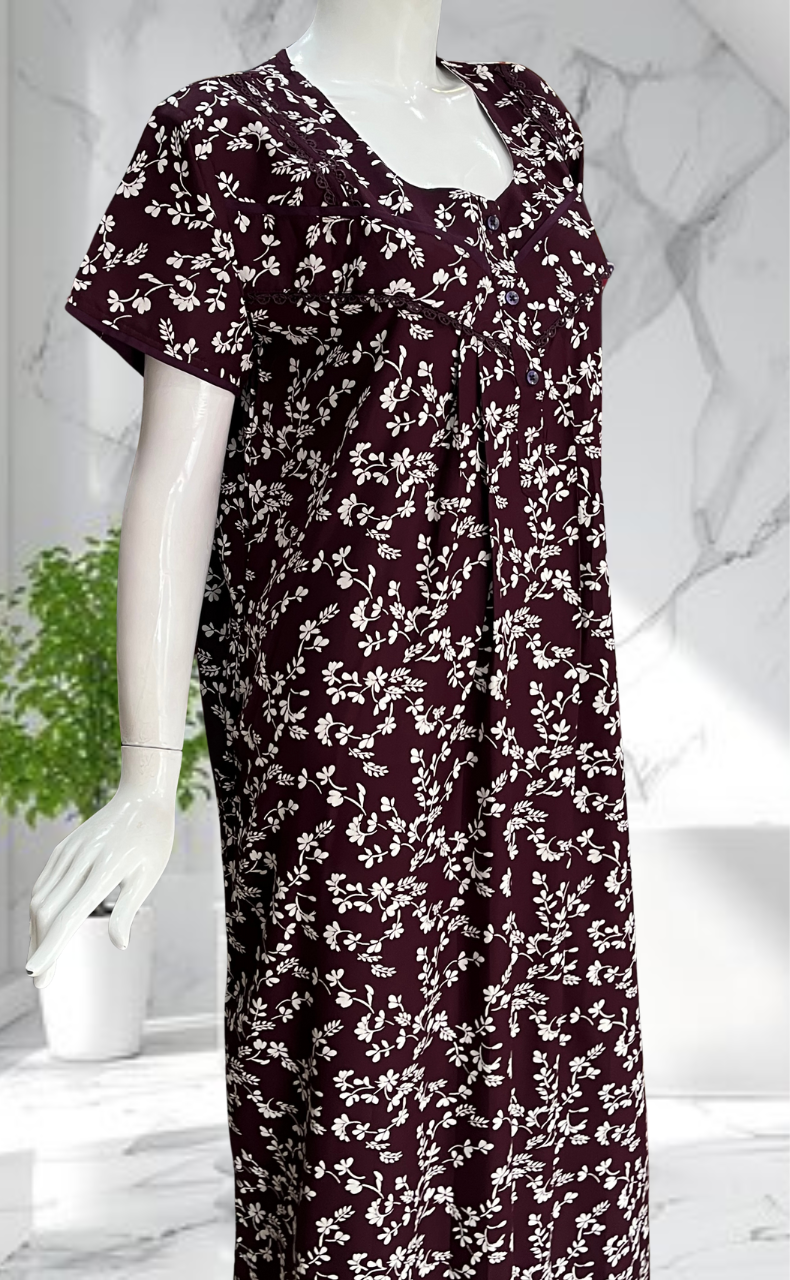 Wine Colour Garden Rayon Nighty. Flowy Rayon Fabric | Laces and Frills