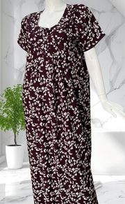 Wine Colour Garden Rayon Nighty. Flowy Rayon Fabric | Laces and Frills