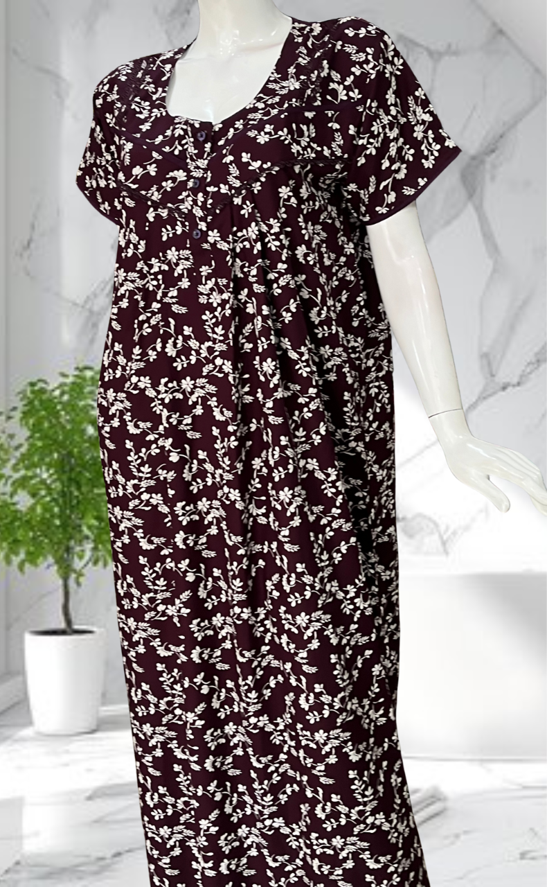 Wine Colour Garden Rayon Nighty. Flowy Rayon Fabric | Laces and Frills