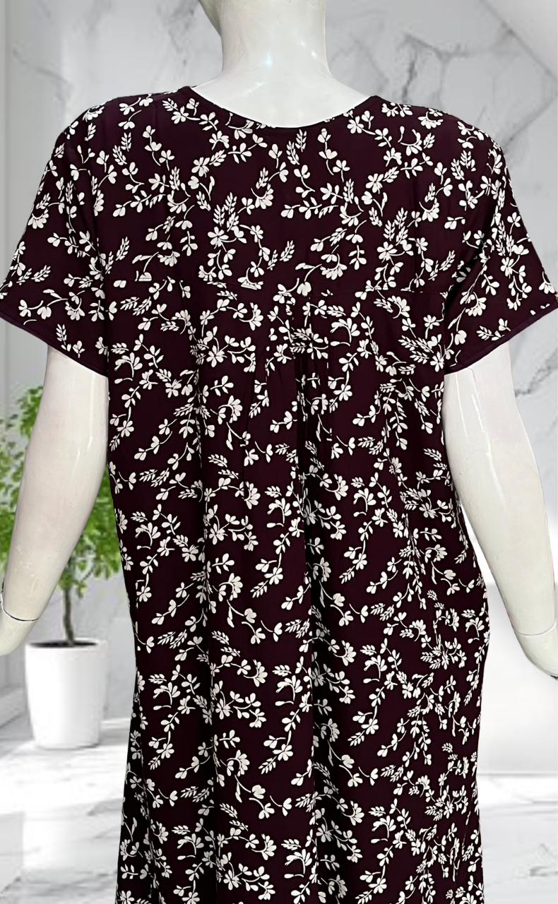 Wine Colour Garden Rayon Nighty. Flowy Rayon Fabric | Laces and Frills