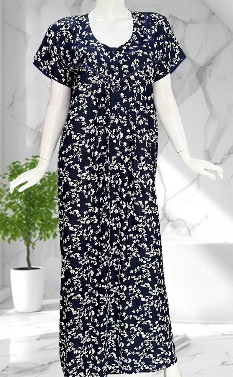 Navy Blue Garden Rayon Nighty. Flowy Rayon Fabric | Laces and Frills