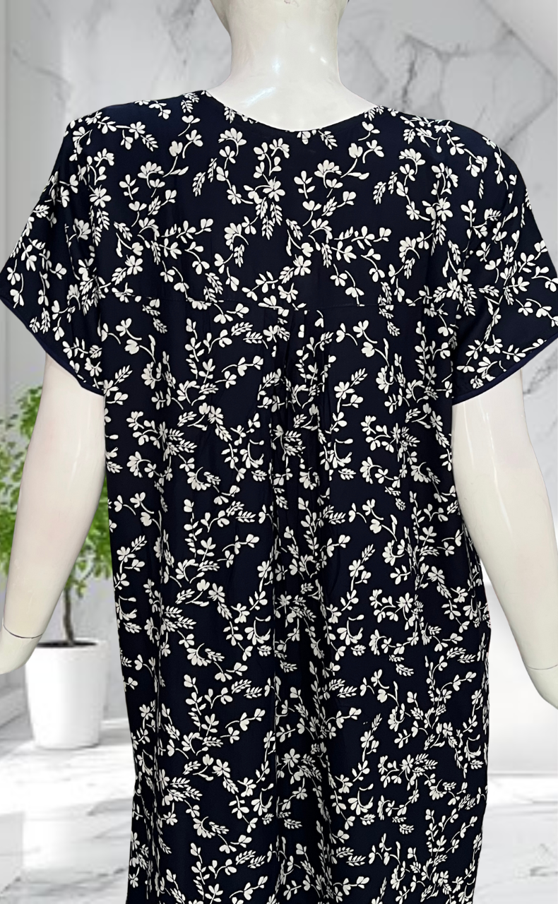 Navy Blue Garden Rayon Nighty. Flowy Rayon Fabric | Laces and Frills