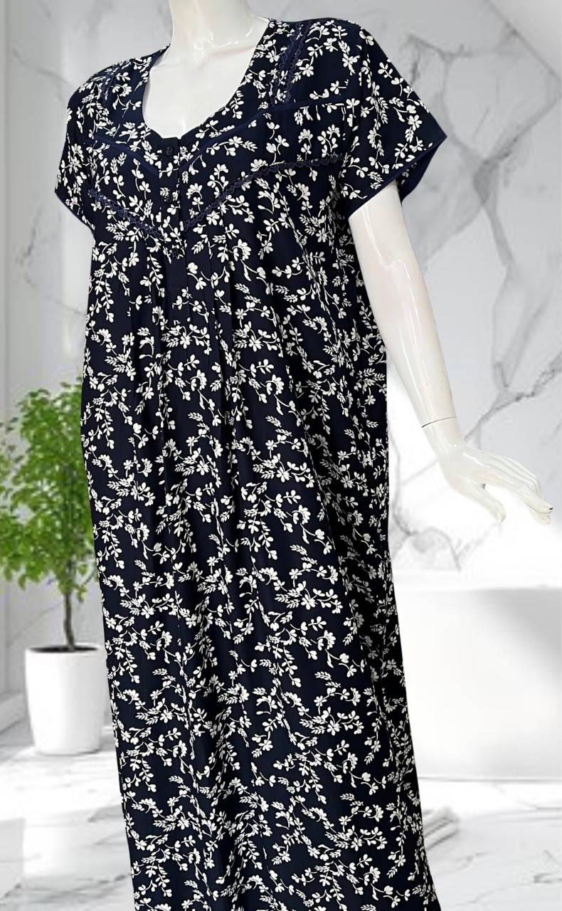 Navy Blue Garden Rayon Nighty. Flowy Rayon Fabric | Laces and Frills
