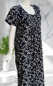 Navy Blue Garden Rayon Nighty. Flowy Rayon Fabric | Laces and Frills