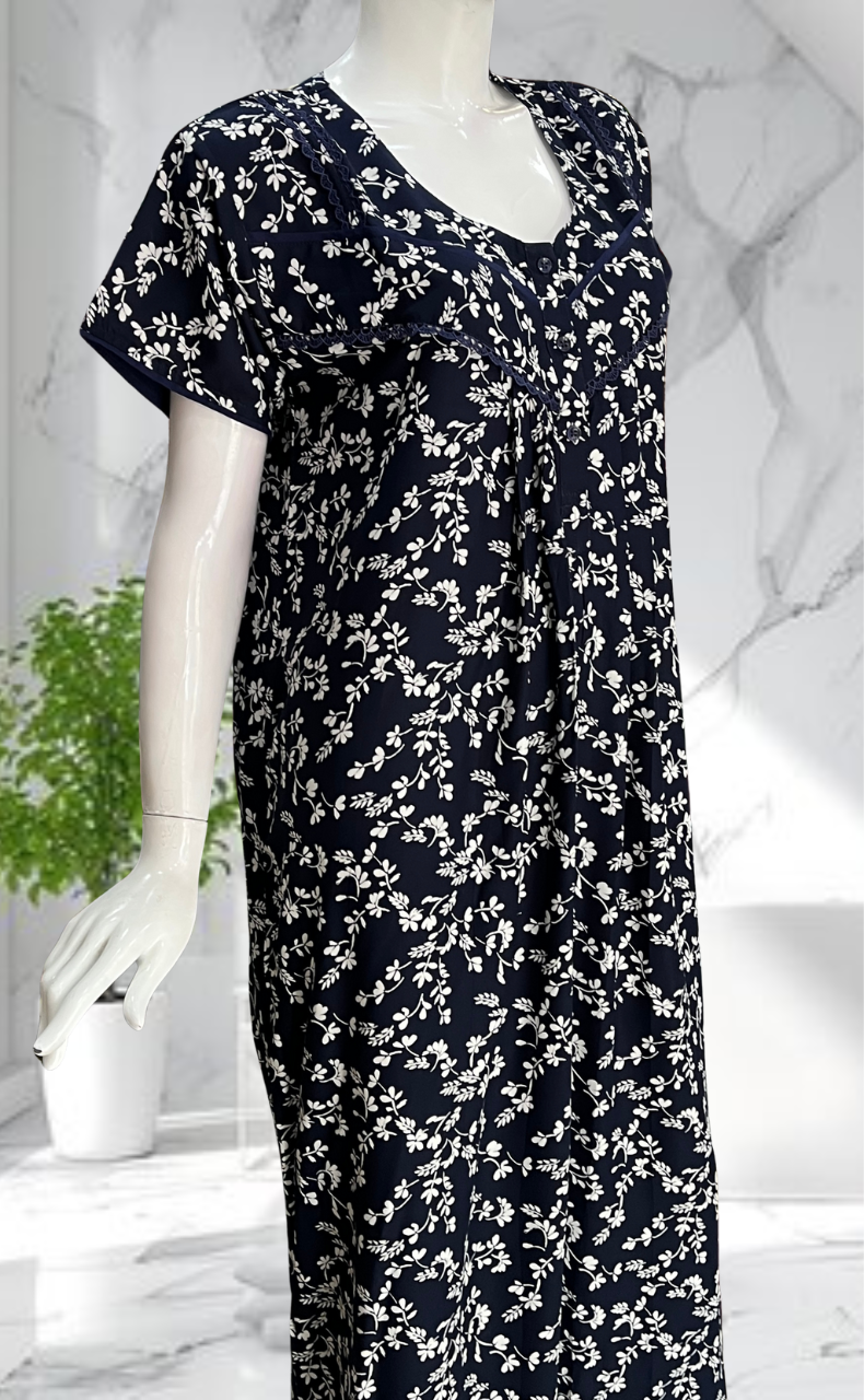 Navy Blue Garden Rayon Nighty. Flowy Rayon Fabric | Laces and Frills