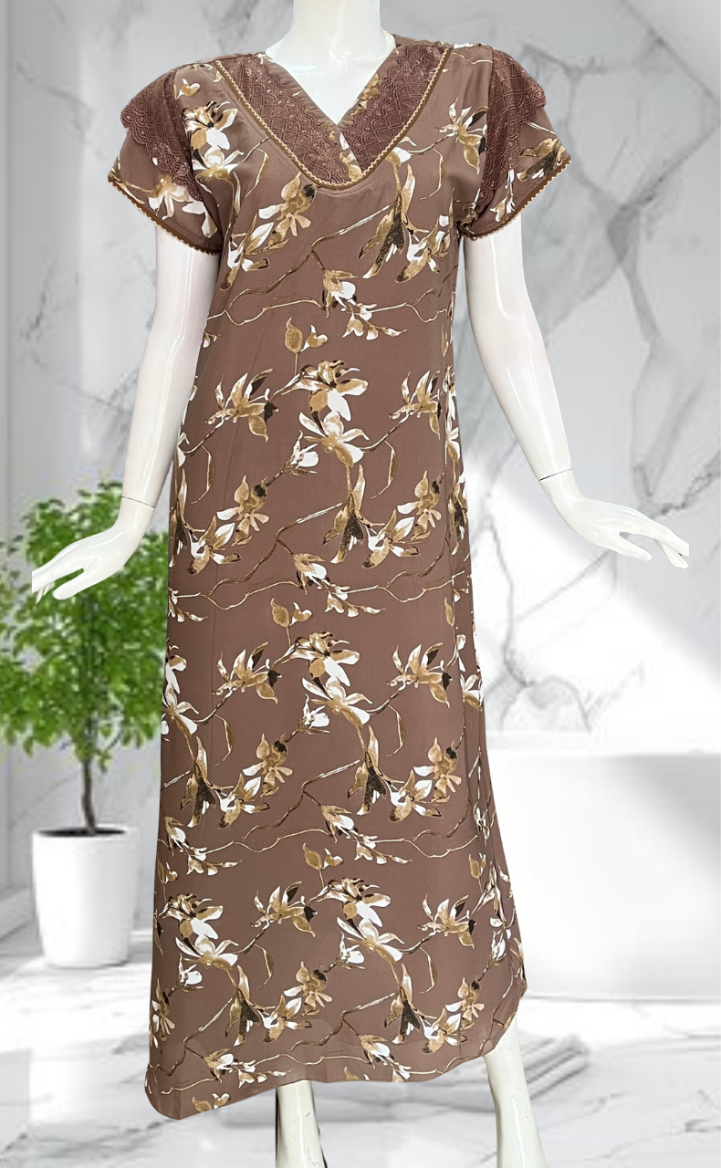 Brown Garden Chiffon Nighty. Delicate Chiffon | Laces and Frills
