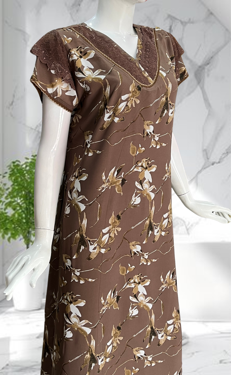 Brown Garden Chiffon Nighty. Delicate Chiffon | Laces and Frills