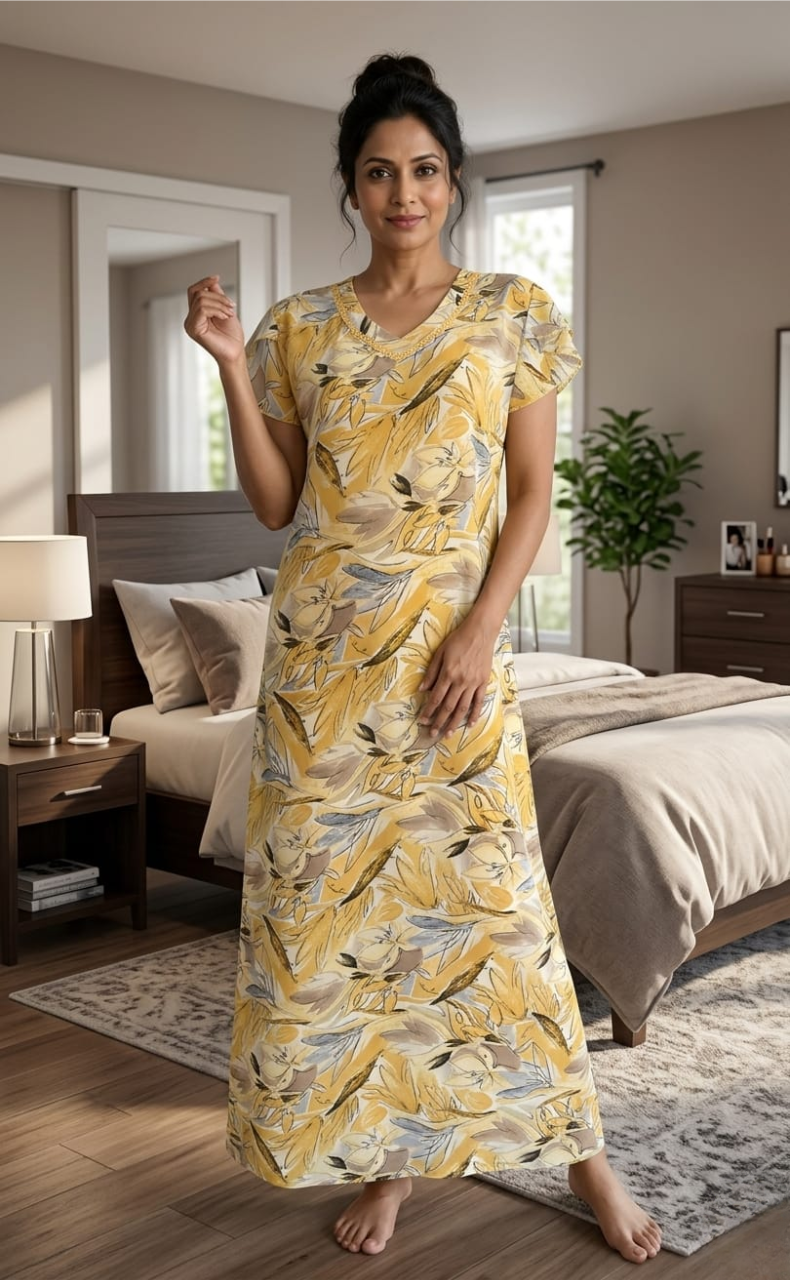 Yellow Garden Chiffon Nighty. Delicate Chiffon | Laces and Frills