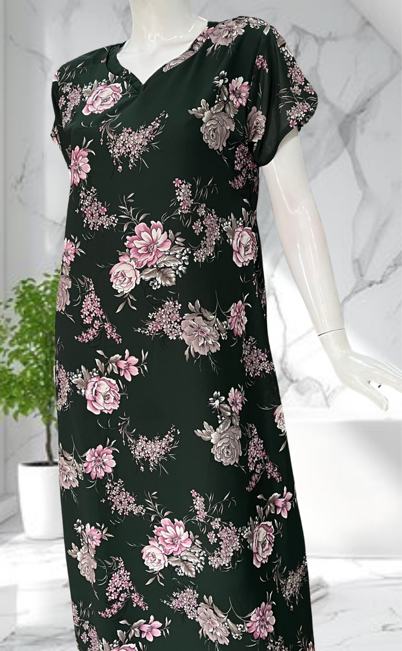 Bottle Green Garden Chiffon Nighty. Delicate Chiffon | Laces and Frills