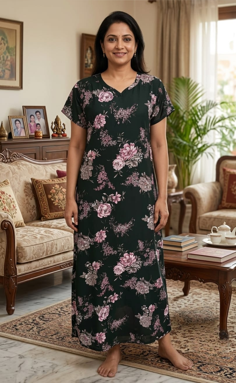 Bottle Green Garden Chiffon Nighty. Delicate Chiffon | Laces and Frills