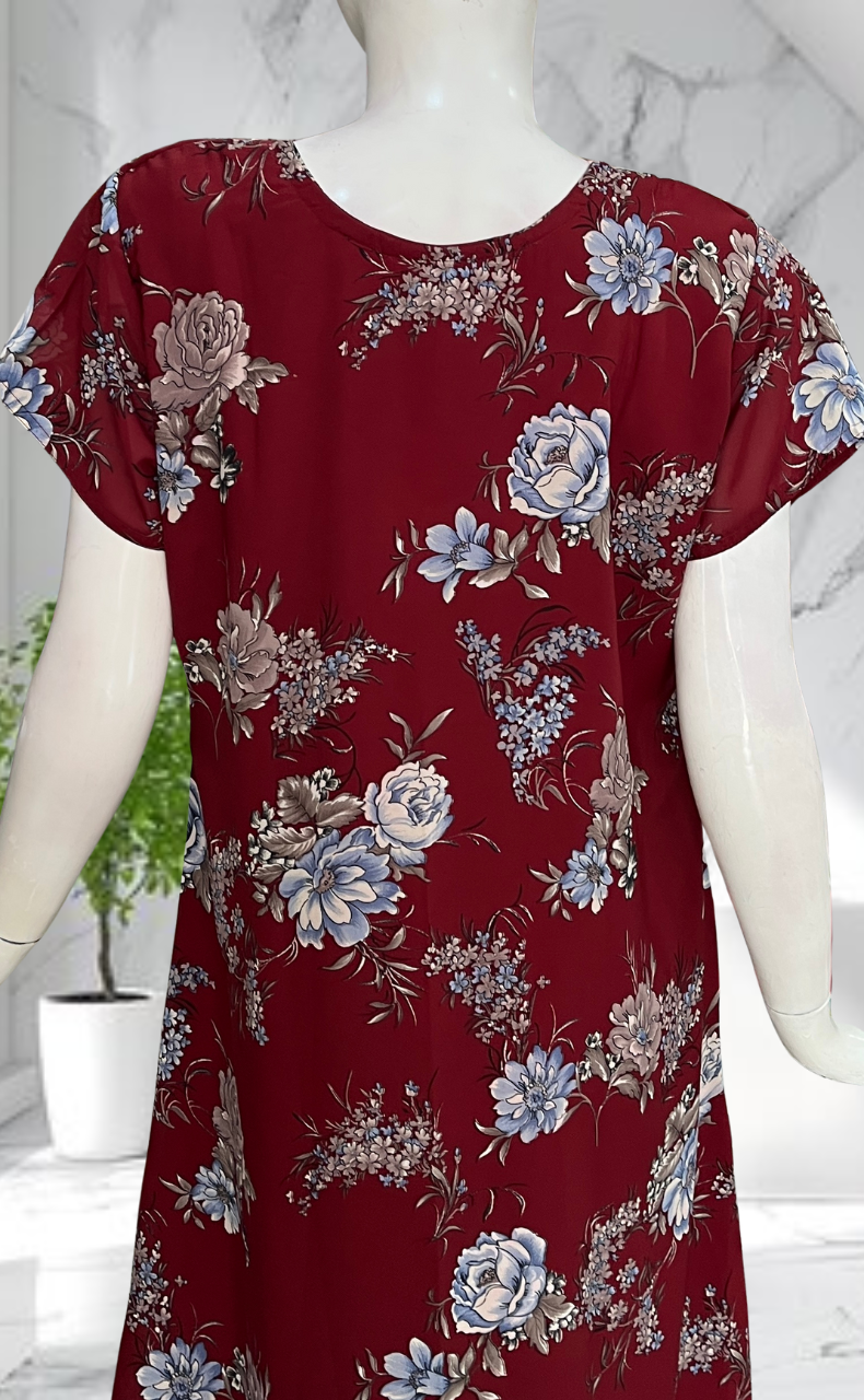 Maroon Garden Chiffon Nighty. Delicate Chiffon | Laces and Frills
