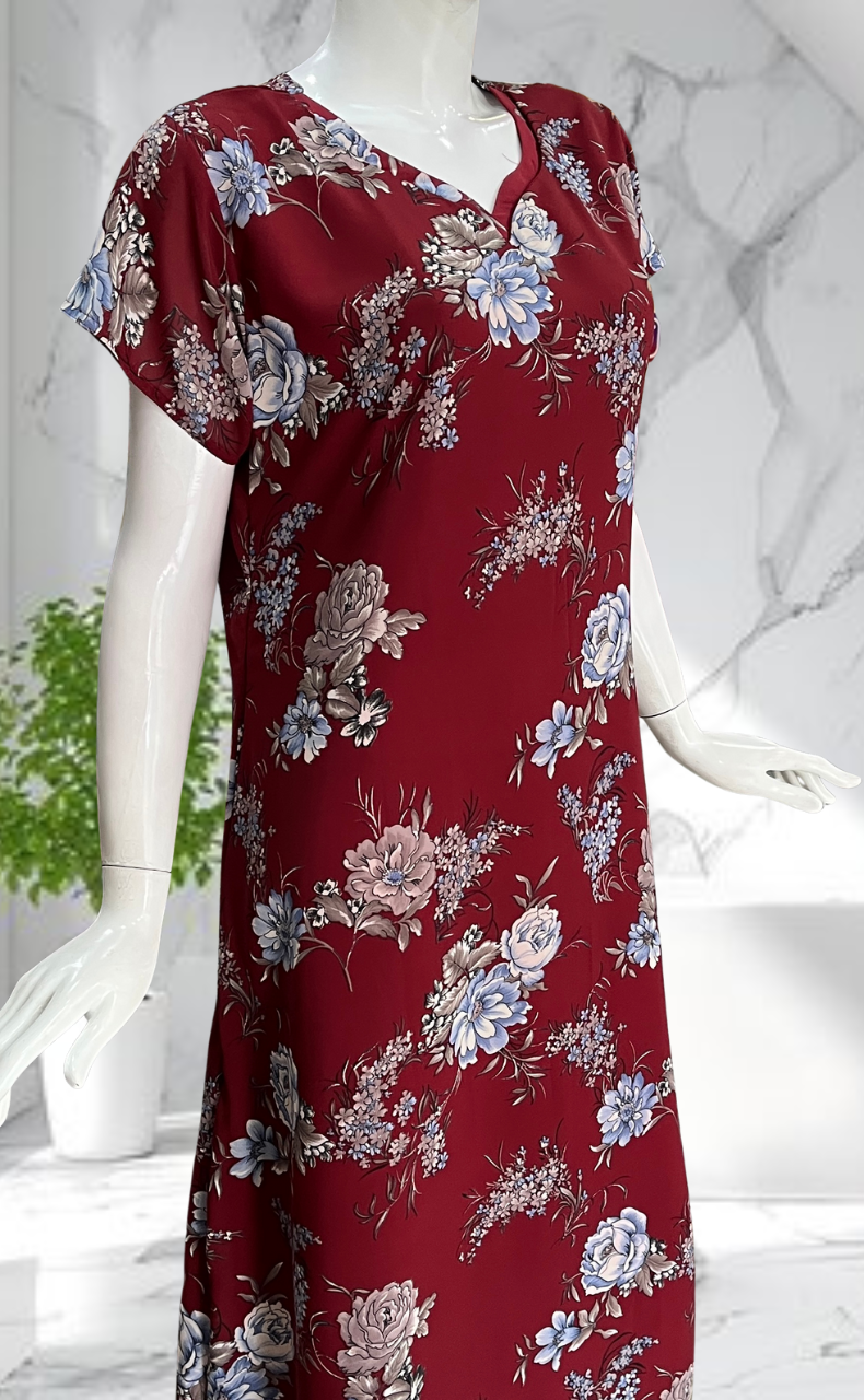 Maroon Garden Chiffon Nighty. Delicate Chiffon | Laces and Frills