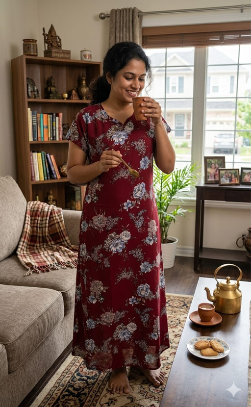 Maroon Garden Chiffon Nighty. Delicate Chiffon | Laces and Frills - Laces and Frills