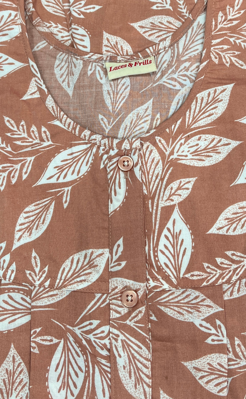 Peach Leafy Full Open Soft Cotton Nighty. Soft Breathable Fabric | Laces and Frills