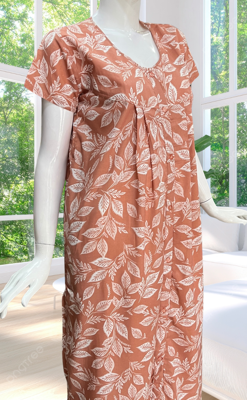 Peach Leafy Full Open Soft Cotton Nighty. Soft Breathable Fabric | Laces and Frills
