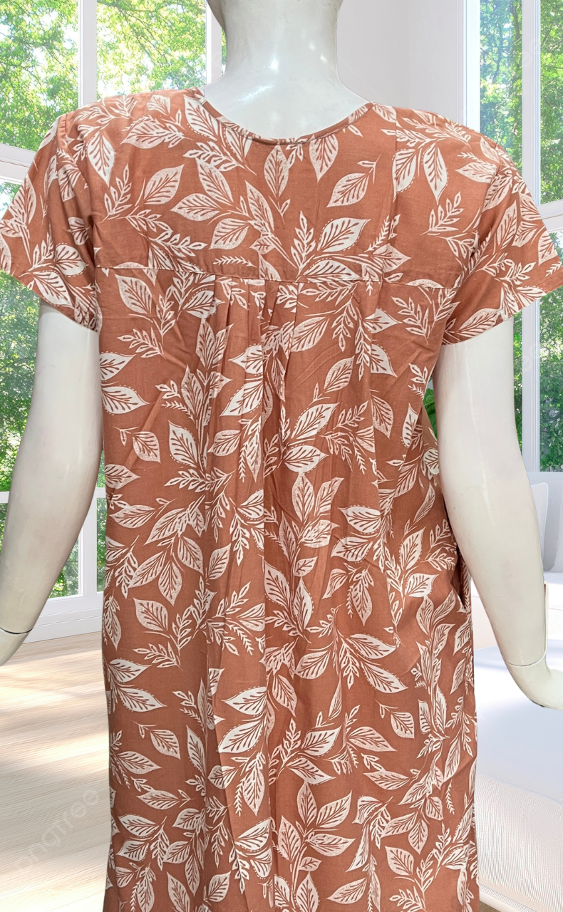 Peach Leafy Full Open Soft Cotton Nighty. Soft Breathable Fabric | Laces and Frills