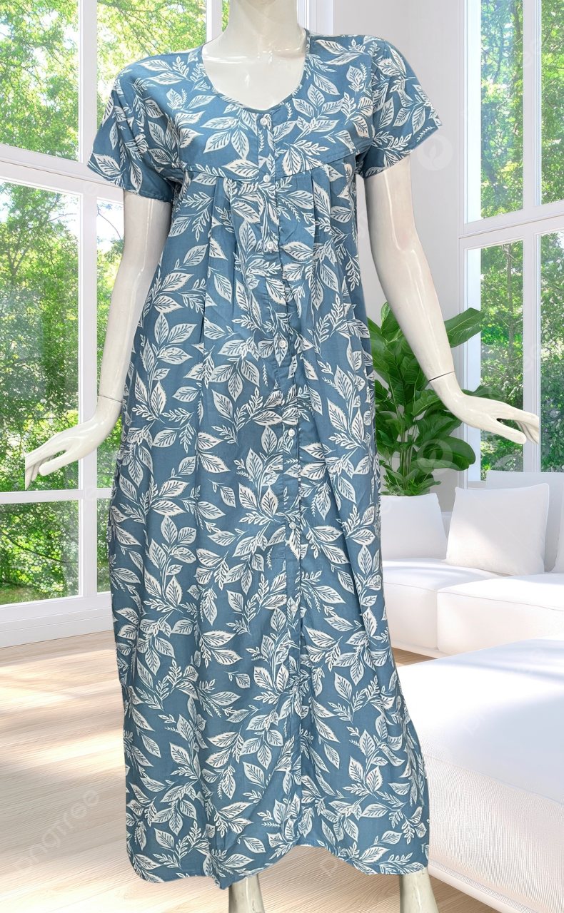 Blue Leafy Full Open Soft Cotton Nighty. Soft Breathable Fabric | Laces and Frills
