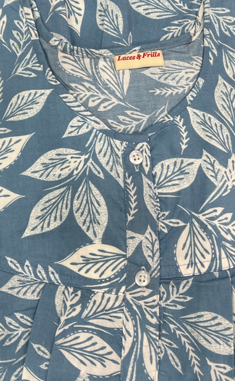 Blue Leafy Full Open Soft Cotton Nighty. Soft Breathable Fabric | Laces and Frills
