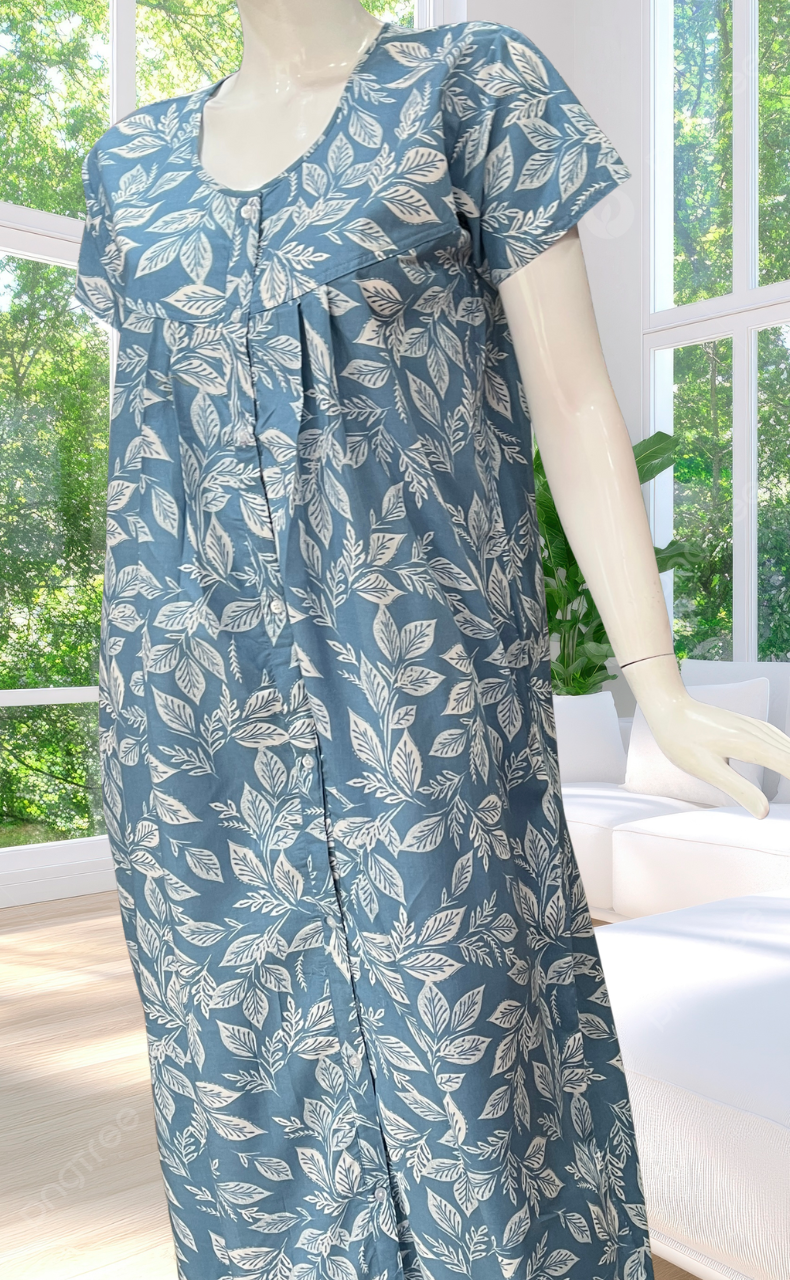 Blue Leafy Full Open Soft Cotton Nighty. Soft Breathable Fabric | Laces and Frills