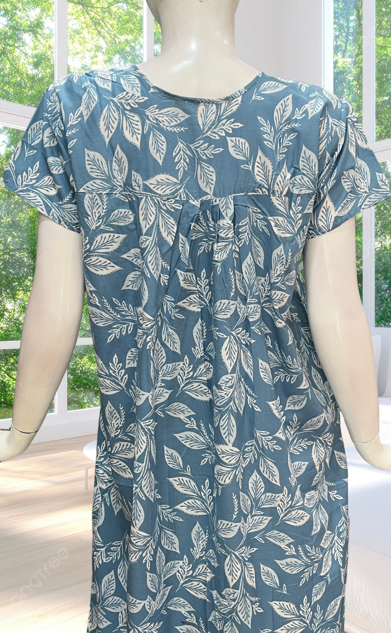 Blue Leafy Full Open Soft Cotton Nighty. Soft Breathable Fabric | Laces and Frills