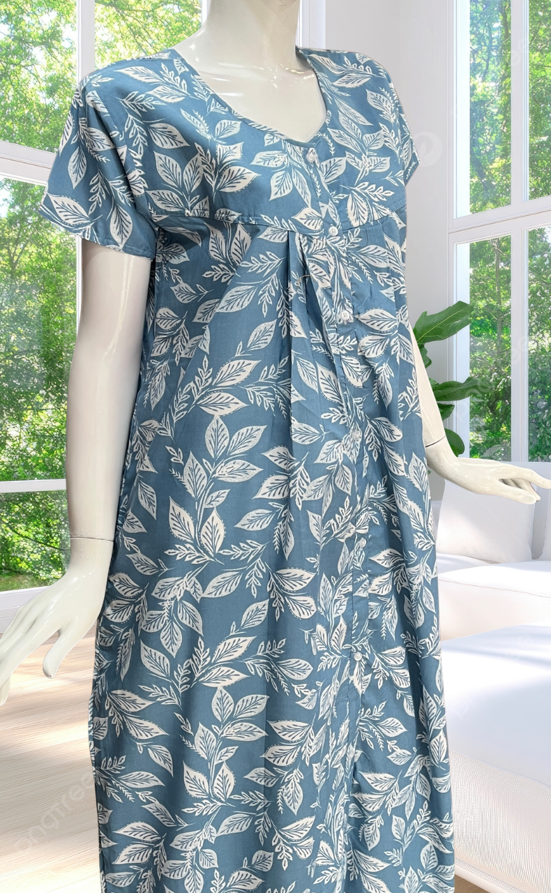 Blue Leafy Full Open Soft Cotton Nighty. Soft Breathable Fabric | Laces and Frills