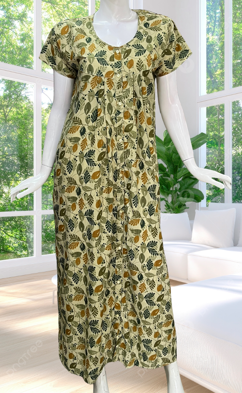 Pista Green Leafy Full Open Soft Cotton Nighty. Soft Breathable Fabric | Laces and Frills