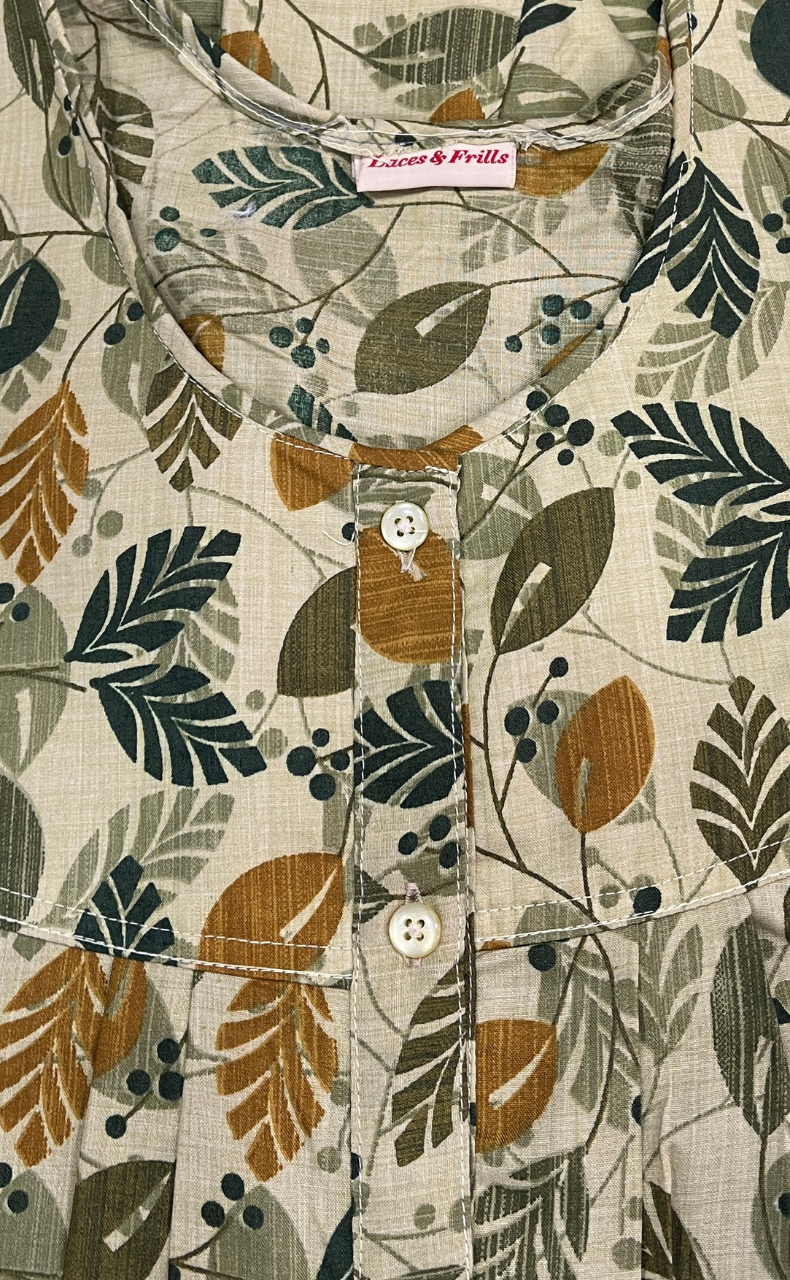 Pista Green Leafy Full Open Soft Cotton Nighty. Soft Breathable Fabric | Laces and Frills