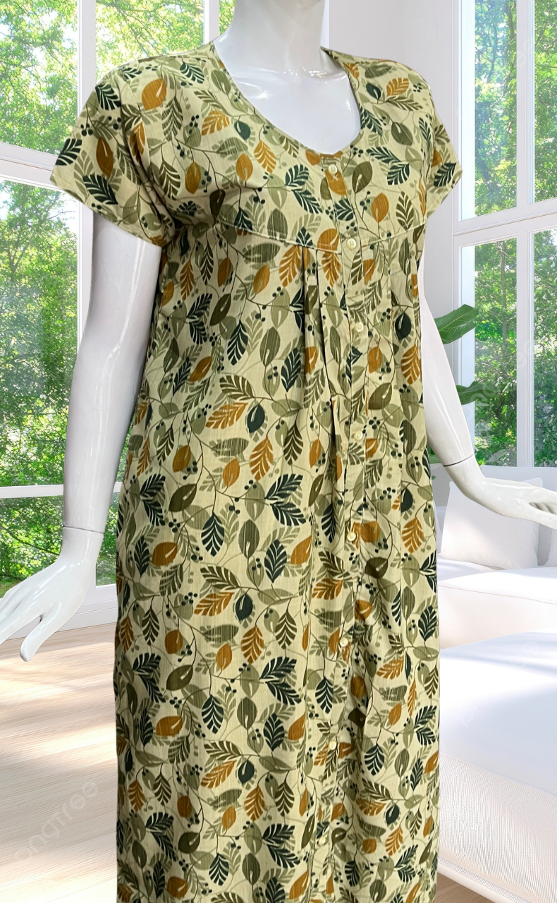Pista Green Leafy Full Open Soft Cotton Nighty. Soft Breathable Fabric | Laces and Frills