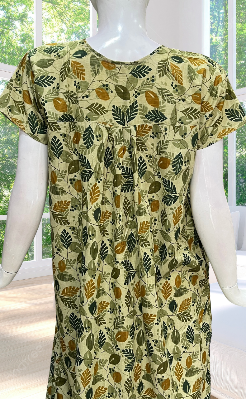 Pista Green Leafy Full Open Soft Cotton Nighty. Soft Breathable Fabric | Laces and Frills