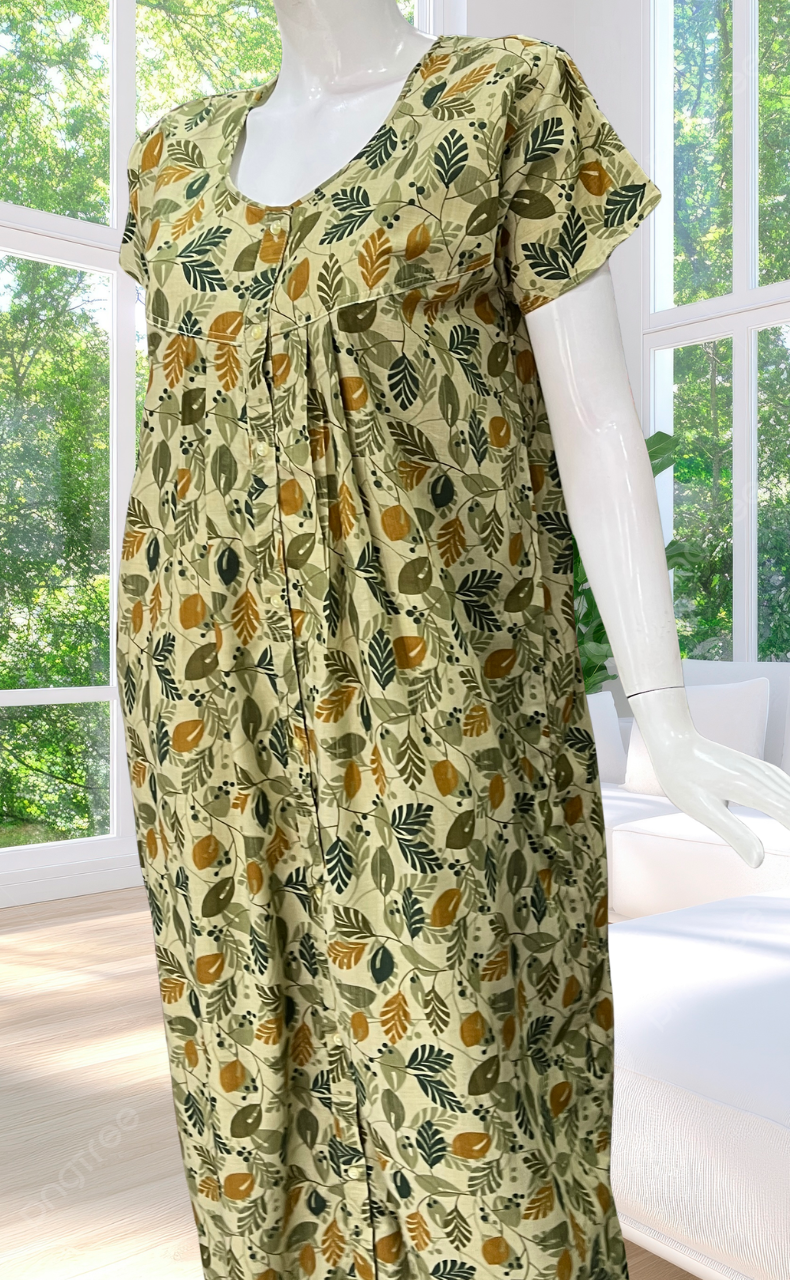 Pista Green Leafy Full Open Soft Cotton Nighty. Soft Breathable Fabric | Laces and Frills