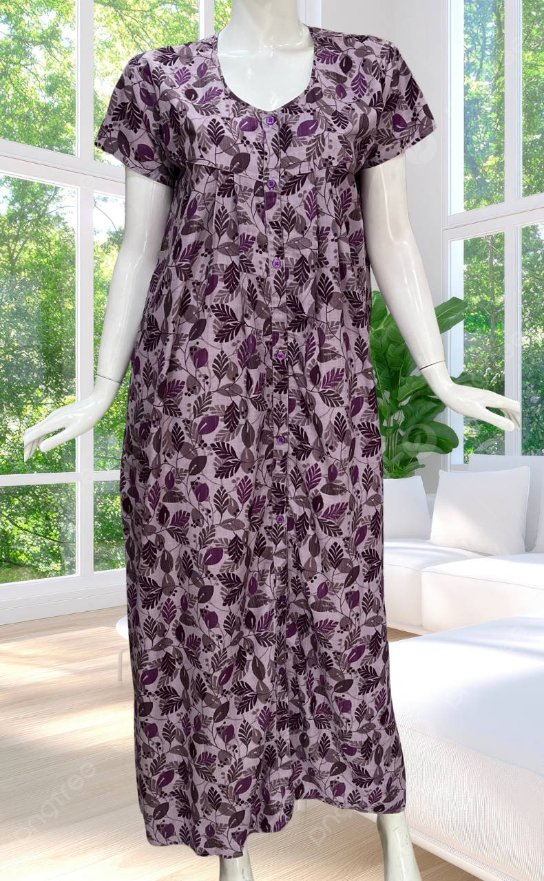 Purple Leafy Full Open Soft Cotton Nighty. Soft Breathable Fabric | Laces and Frills