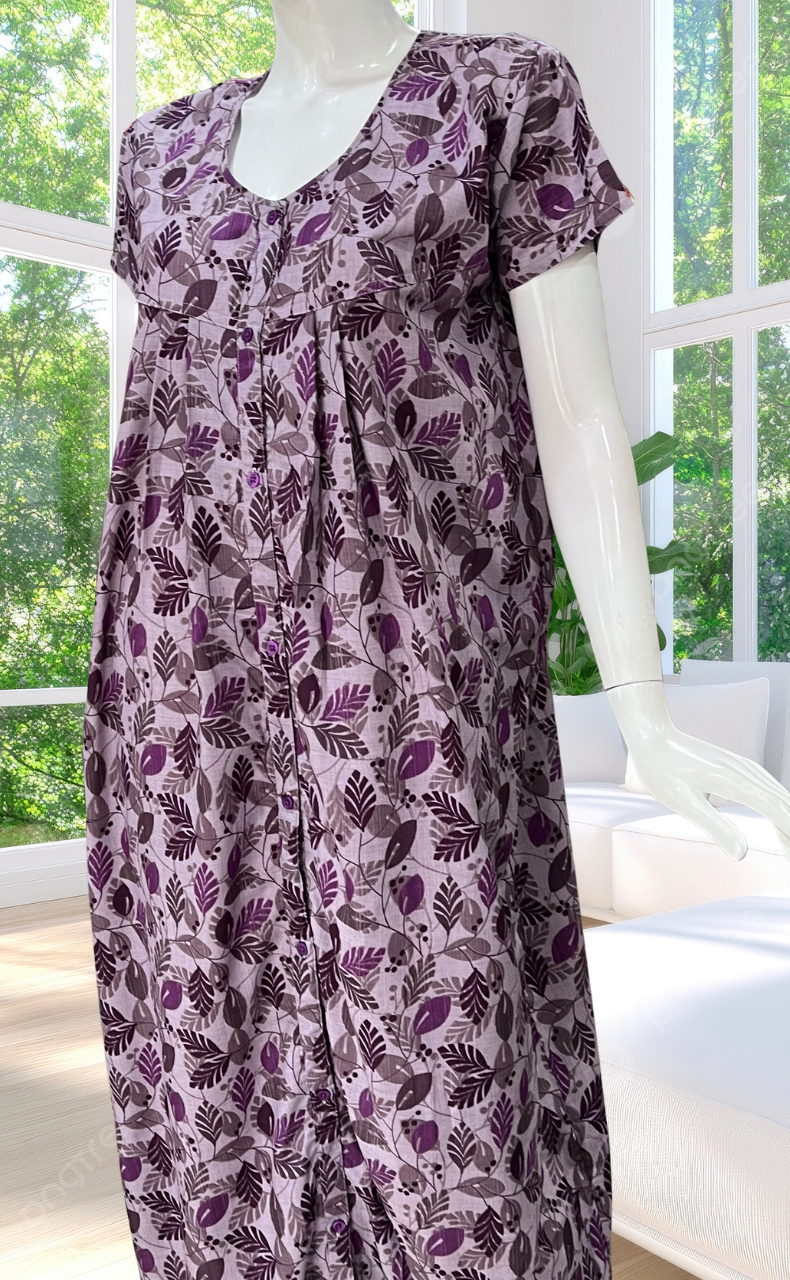 Purple Leafy Full Open Soft Cotton Nighty. Soft Breathable Fabric | Laces and Frills