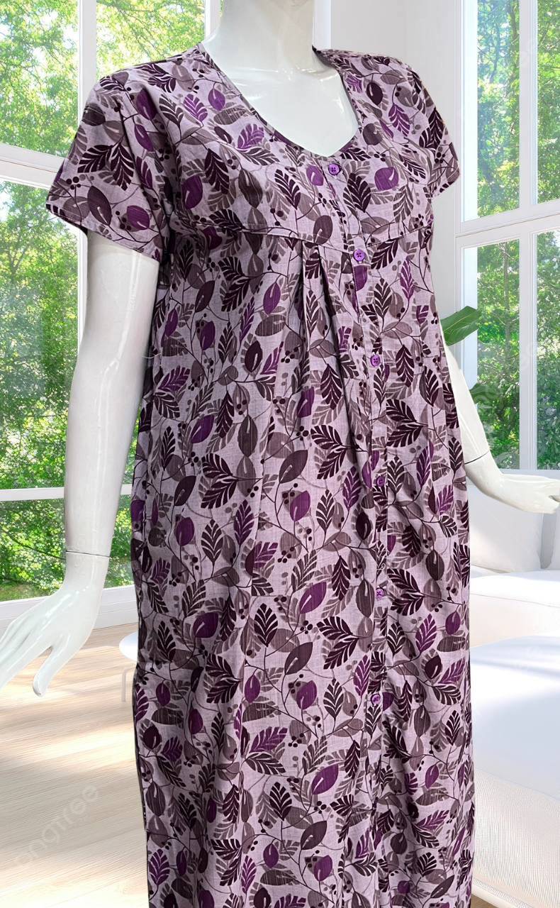 Purple Leafy Full Open Soft Cotton Nighty. Soft Breathable Fabric | Laces and Frills