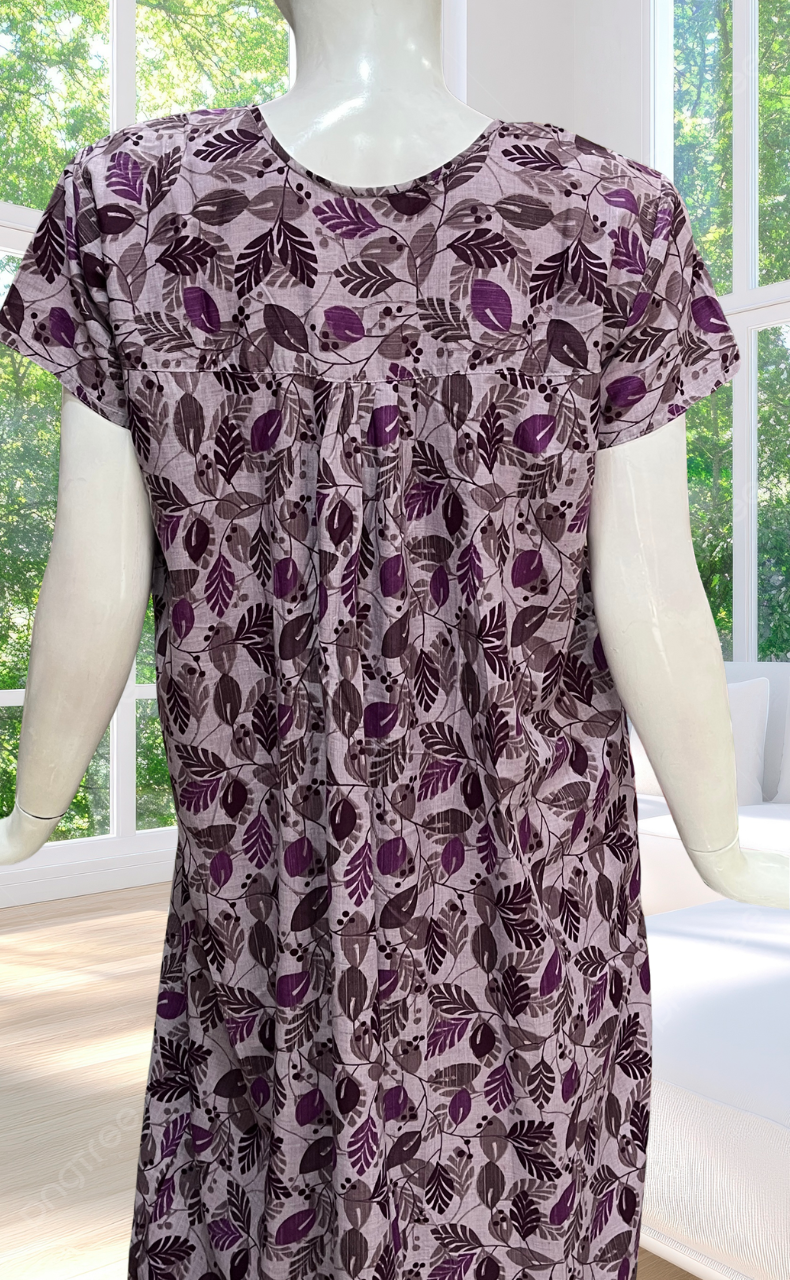 Purple Leafy Full Open Soft Cotton Nighty. Soft Breathable Fabric | Laces and Frills