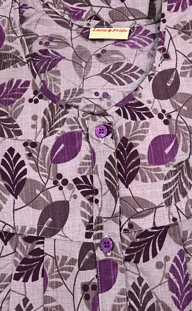 Purple Leafy Full Open Soft Cotton Nighty. Soft Breathable Fabric | Laces and Frills