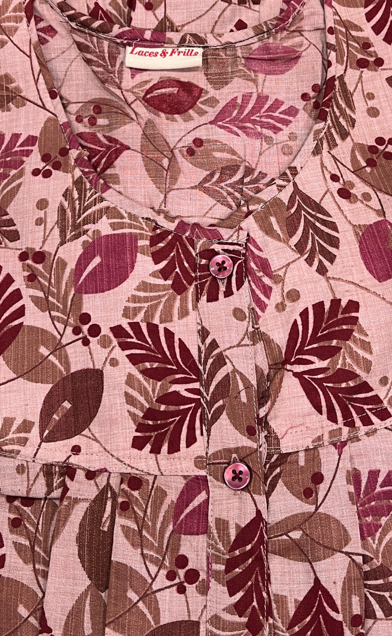 Peach Leafy Full Open Soft Cotton Nighty. Soft Breathable Fabric | Laces and Frills