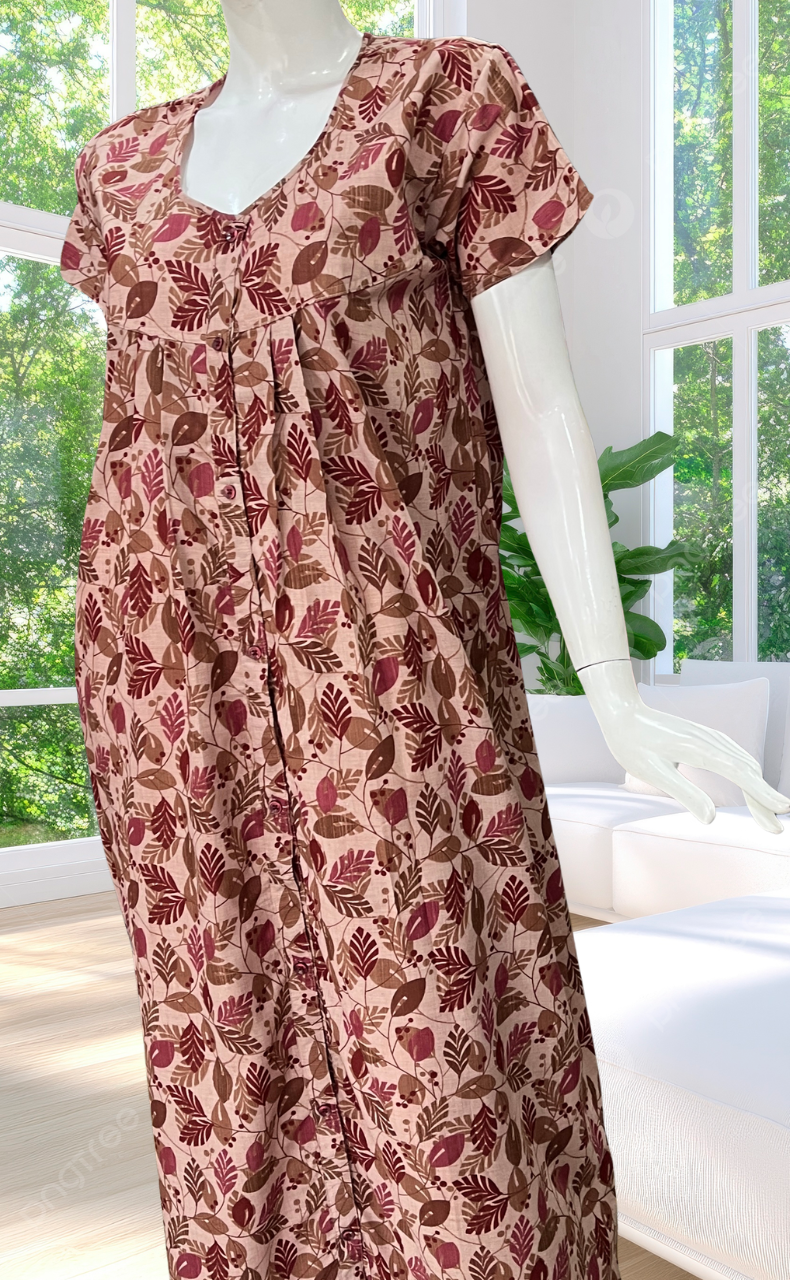 Peach Leafy Full Open Soft Cotton Nighty. Soft Breathable Fabric | Laces and Frills