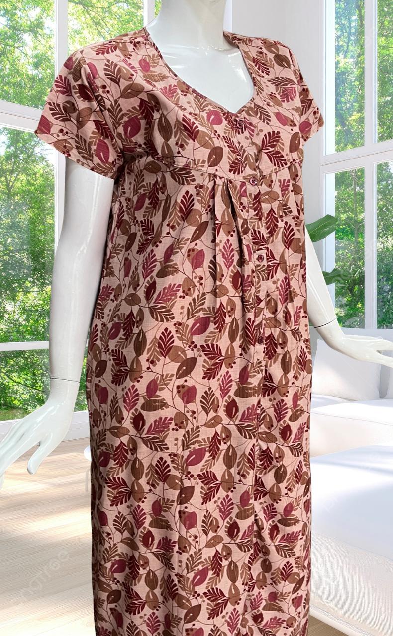 Peach Leafy Full Open Soft Cotton Nighty. Soft Breathable Fabric | Laces and Frills