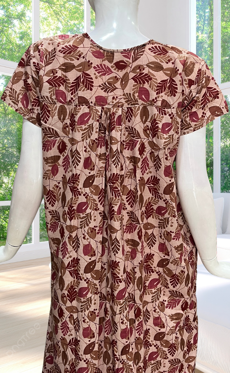 Peach Leafy Full Open Soft Cotton Nighty. Soft Breathable Fabric | Laces and Frills