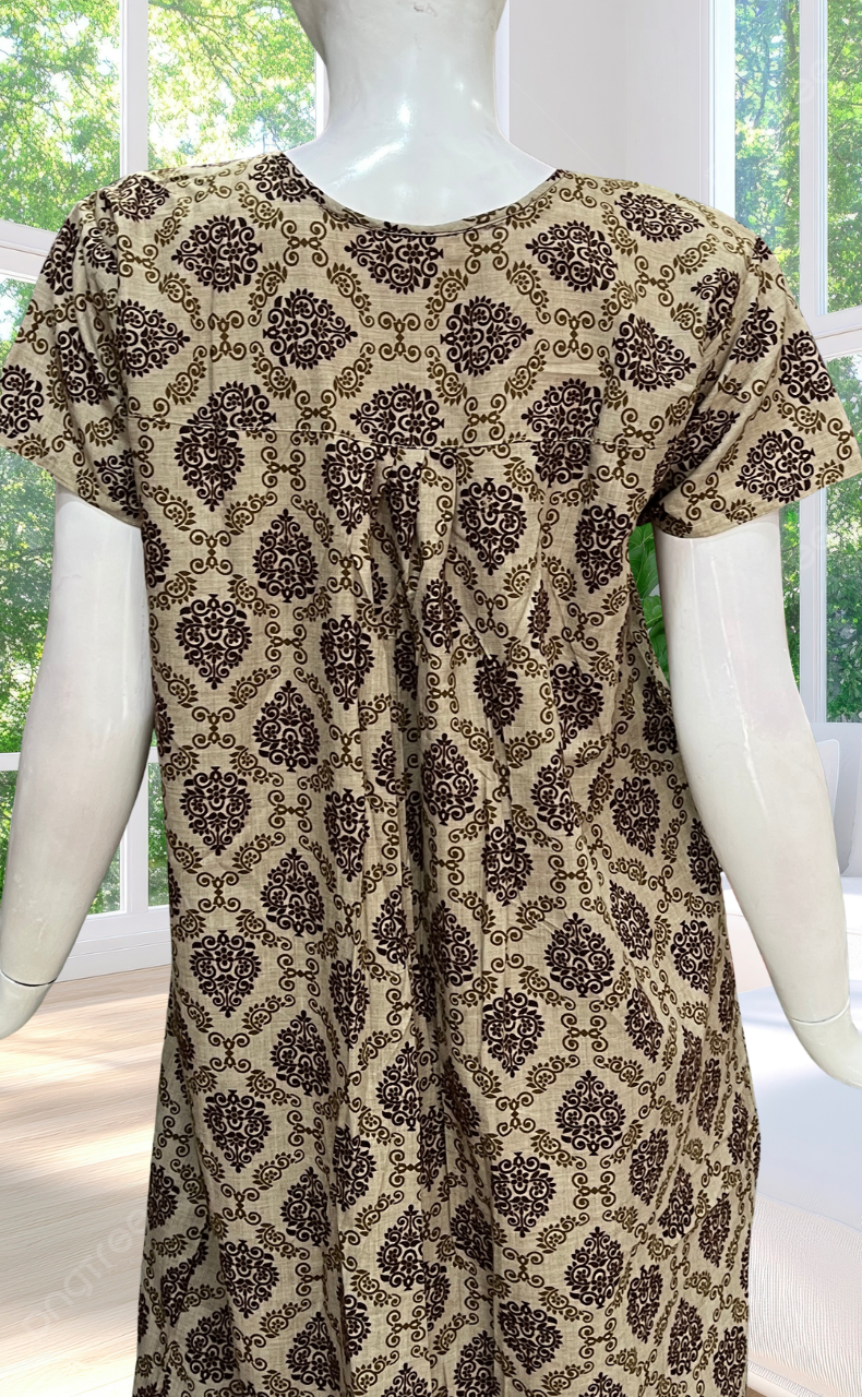 Cream Ethnic Print Full Open Soft Cotton Nighty. Soft Breathable Fabric | Laces and Frills