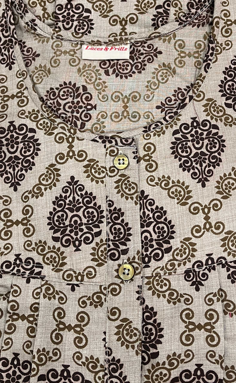 Cream Ethnic Print Full Open Soft Cotton Nighty. Soft Breathable Fabric | Laces and Frills