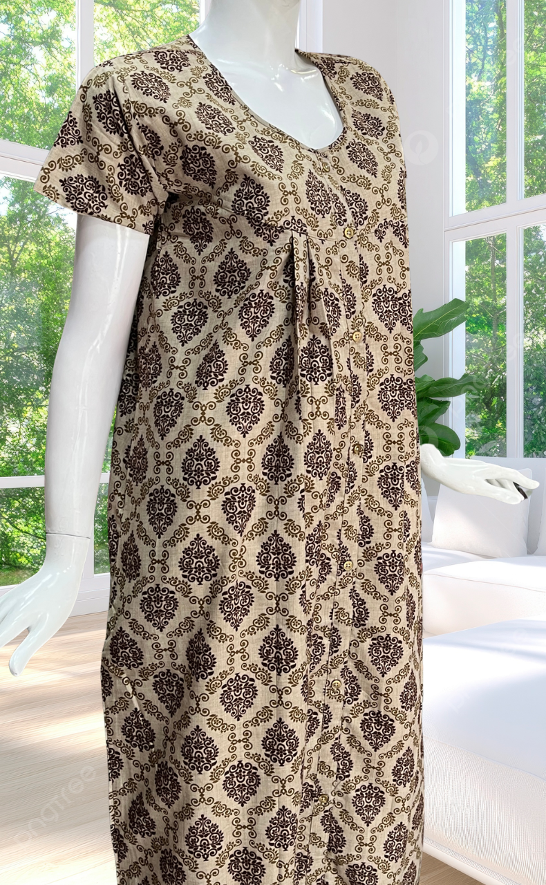 Cream Ethnic Print Full Open Soft Cotton Nighty. Soft Breathable Fabric | Laces and Frills