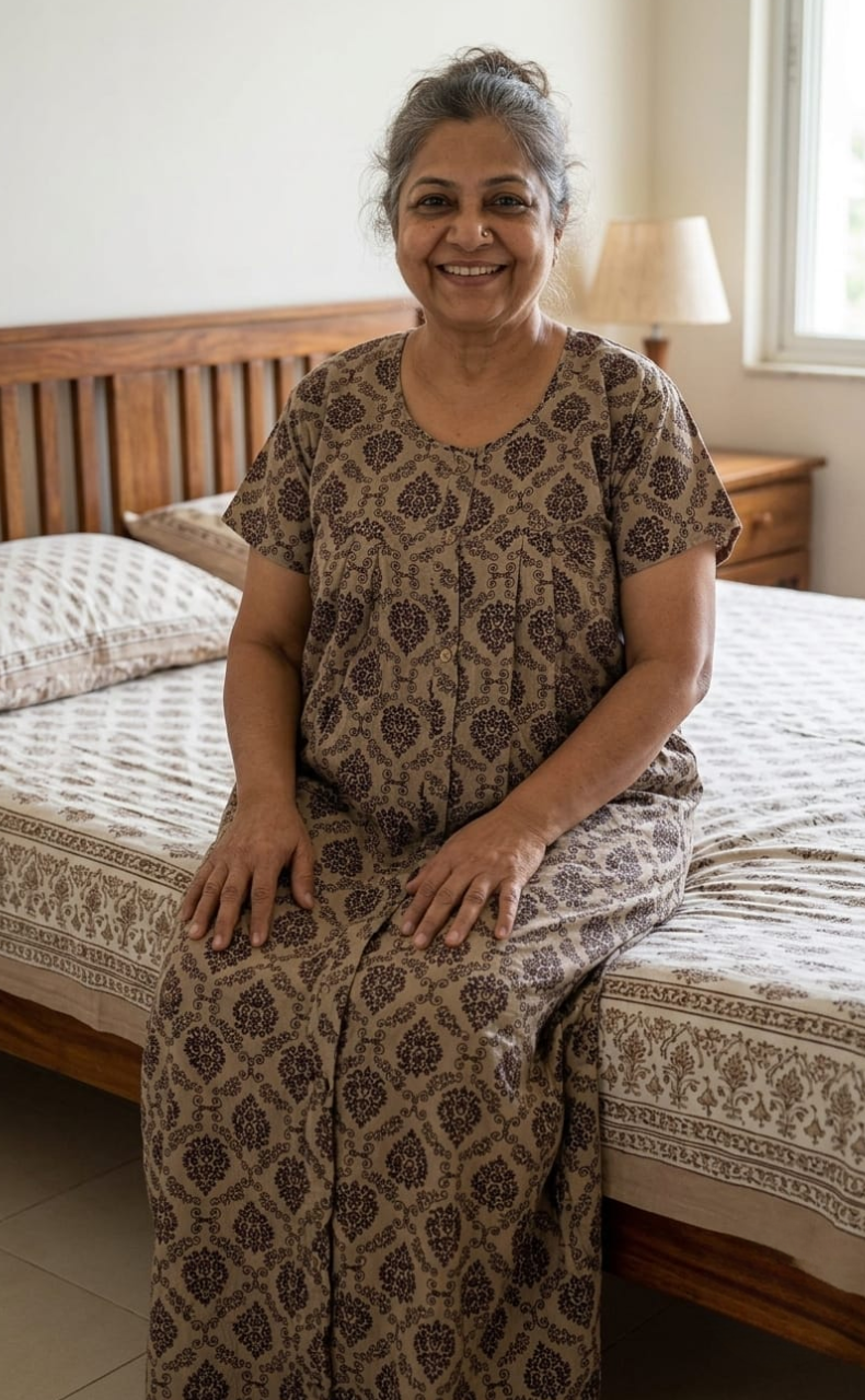 Cream Ethnic Print Full Open Soft Cotton Nighty. Soft Breathable Fabric | Laces and Frills