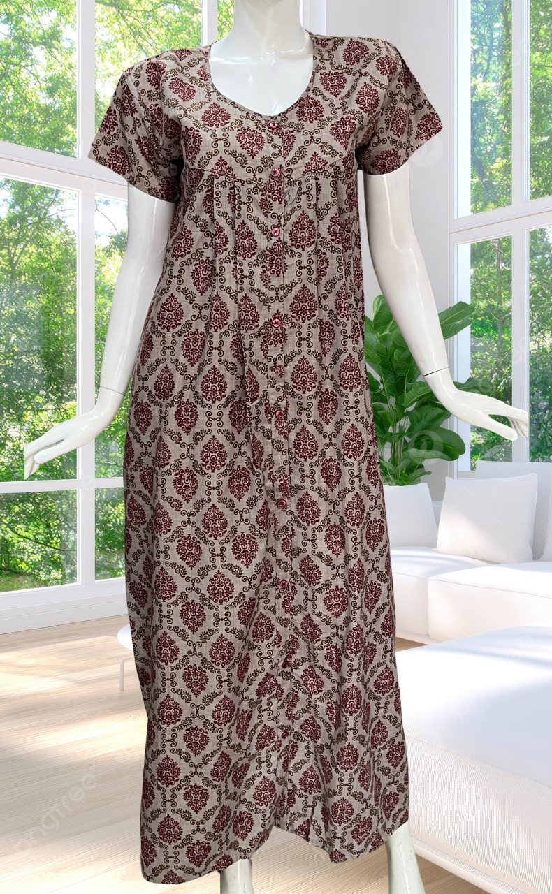 Grey Ethnic Print Full Open Soft Cotton Nighty. Soft Breathable Fabric | Laces and Frills